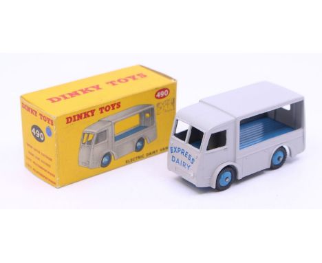 Dinky: A boxed Dinky Toys, Electric Dairy Van, Reference No. 490, grey body with blue base. Original box, general wear expect