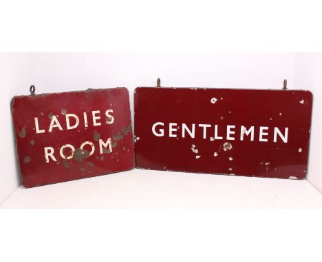 Railwayana: A pair of British Railway, maroon and white enamel signs. 'Ladies Room', one hook missing from the top, measuring