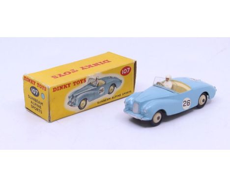 Dinky: A boxed Dinky Toys, Sunbeam Alpine Sports, Reference No. 107, light blue body, No. 26, white hubs, correct colour spot