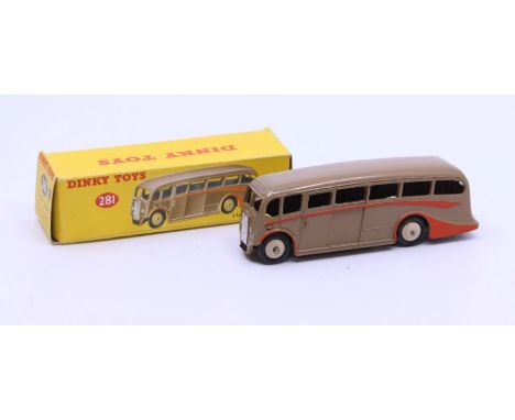 Dinky: A boxed Dinky Toys, Luxury Coach, Reference No. 281, brown with orange side flashes and cream hubs, correct colour spo