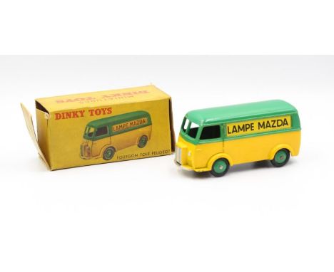 Dinky: A boxed French Dinky Toys, Fourgon Tole Peugeot, Reference No. 25B, green and yellow two-tone body, 'Lampe Mazda'. Ori