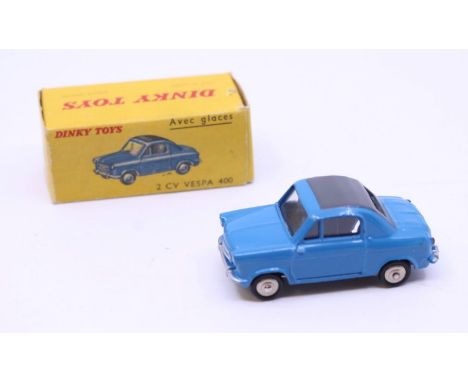 Dinky: A boxed French Dinky Toys, 2 CV Vespa 400, Reference No. 24L, blue body with dark grey roof. Original box, general wea