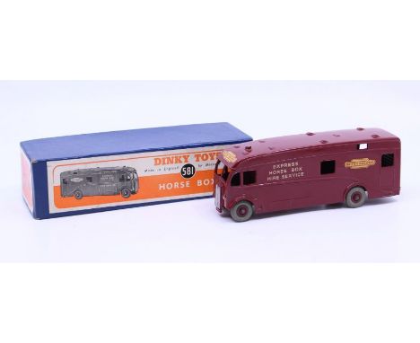 Dinky: A boxed Dinky Toys, Horse Box, Reference No. 581, maroon body, 'British Railways Express Horse Box Hire Service'. Orig