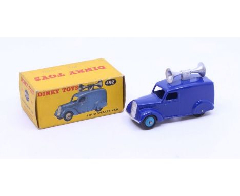 Dinky: A boxed Dinky Toys, Loud Speaker Van, Reference No. 492, blue body with silver speakers to roof of van. Original box, 