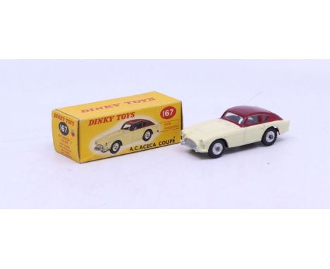 Dinky: A boxed Dinky Toys, A.C.Aceca Coupe, Reference No. 167, two-tone cream and maroon with silver trim and rare silver hub