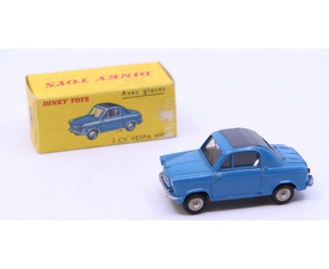 Dinky: A boxed French Dinky Toys, 2 CV Vespa 400, Reference No. 24L, blue body with dark grey roof. Original box, general wea