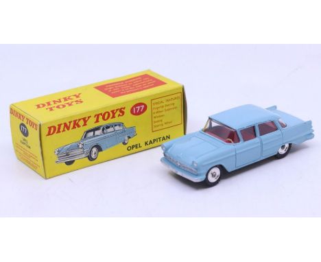 Dinky: A boxed Dinky Toys, Opel Kapitan, Reference No. 177, light blue body with red interior, and silver hubs. Original box,