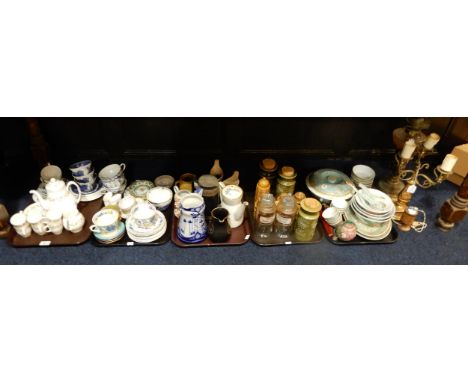 Assorted tea wares, jugs, two chemists bottles, Portmeirion Totem storage jars and sugar sifter etc Condition Report:No condi