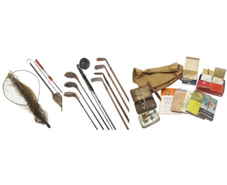 Assorted fishing tackle, to include a landing net, waxed canvas shoulder bag, an Abu Garcia Three Star rod with Leeda reel et