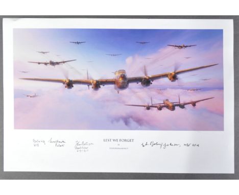 Remembering The Lancaster Bomber - ' Lest We Forget ' by Piotr Forkasiewicz -&nbsp; autographed print. Signed to the lower ma