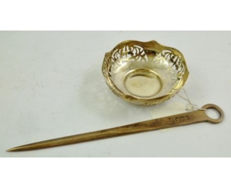 FRANCIS HOWARD A SILVER MEAT SKEWER, Sheffield 1967, 56g and a silver PIN DISH with pierced decoration, EJH Birmingham 1942, 