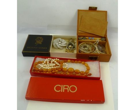 A SELECTION OF VARIOUS JEWELLERY to include; brooches, earrings, necklaces, magnifying glass, tie-pin, cufflinks etc. 