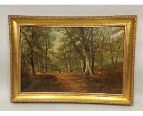 VICTORIAN SCHOOL A lady in red cloak in woodland, oil on canvas, 39cm x 59cm in modern gilt frame 