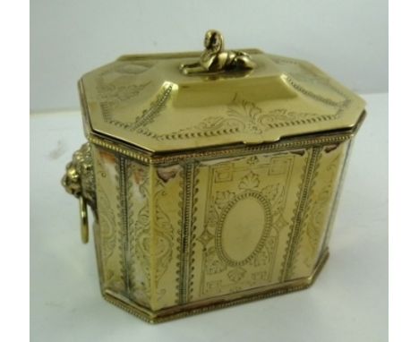 A JAMES DIXON AND SONS SILVER PLATED TEA CADDY having canted corners, the hinged cover with sphinx knop, fitted lion mask rin