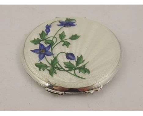 J. GLOSTER LTD. A silver engine turned and enamel circular lady's POWDER COMPACT decorated with stylised forget-me-nots, engr