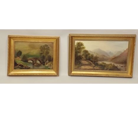 EDWARDIAN SCHOOL A path by a river valley with misty hills, 29cm x 39cm in gilt frame and another rocky river scene with two 