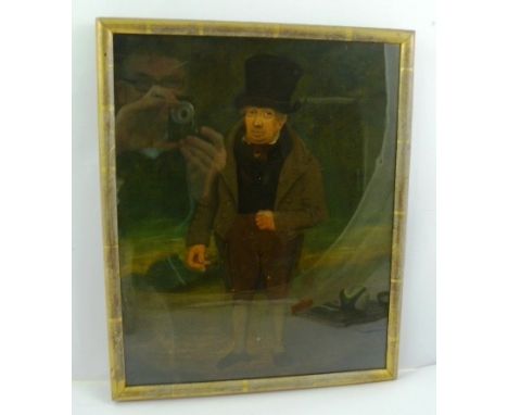 LATE 18TH/EARLY 19TH CENTURY NAIVE SCHOOL Portrait of a Gentleman in top hat and breeches, Oil on board, 40 x 30cm in gilt gl