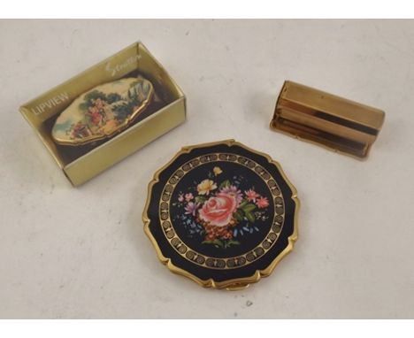 A STRATTON GILT METAL POWDER COMPACT plus a gilt metal LIPSTICK DISPENSER with Stratton LIP VIEW in original box 