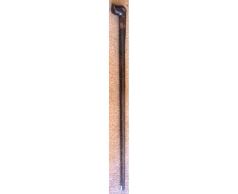 AN EARLY 20TH CENTURY WALKING STICK the handle carved as a dogs head, naive yet subtle in its execution, engraved "P.O.W. St 