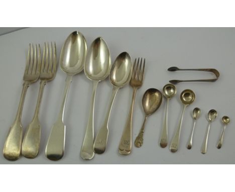 A WILLIAM IV SILVER TABLE SPOON, London 1832 by William Chandless, of plain fiddle pattern form, together with various condim