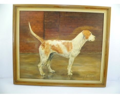 20TH CENTURY BRITISH SCHOOL Portrait of a Fox Hound standing profile in a yard, Oil on canvas, indistinctly signed and dated 