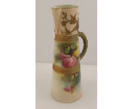 A ROYAL WORCESTER PORCELAIN CONICAL EWER, model 1047, decorated with roses and branches in relief, date code 1911, 21cm high 