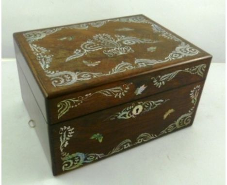 A 19TH CENTURY ROSEWOOD VANITY CASE, mother of pearl inlaid, decorated with birds, butterflies, flowers and scrolls, opens to