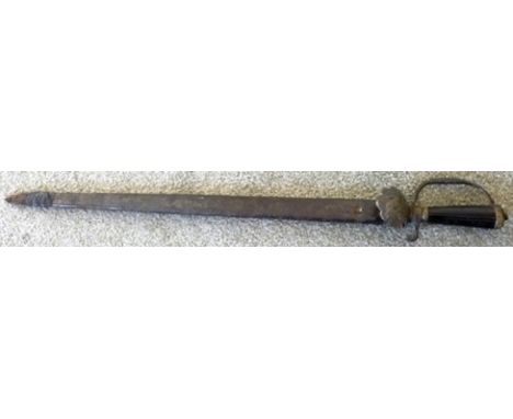 A 19TH CENTURY SHORT SWORD ebonised wood handle with brass guard and leather scabbard, 68cm long overall 