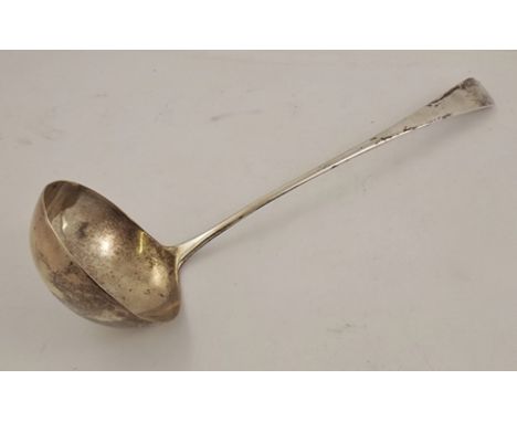 A GEORGE III SILVER SOUP LADLE with monogrammed handle, bearing indistinct makers mark, London 1818, 34cm long, 154g 