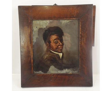 19TH CENTURY SCHOOL A reverse glass painted portrait of a young black man, 19 x 16cm in mahogany frame 