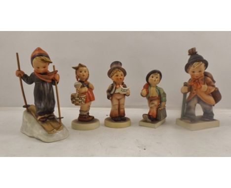 TWO LARGE HUMMEL FIGURES "Cello Player", "Skier" and THREE SMALL HUMMEL FIGURES (5) 