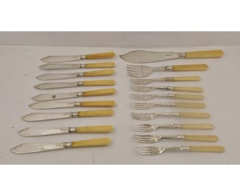 WALKER & HALL and JOHN SANDERSON A SUITE OF NINE SILVER AND BONE HANDLED FISH KNIVES AND EIGHT FORKS, having bright cut decor