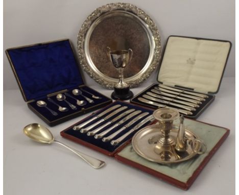 A SET OF SIX SILVER TEASPOONS, cased, together with two sets of six silver handled TEA KNIVES, both cased, and other items of