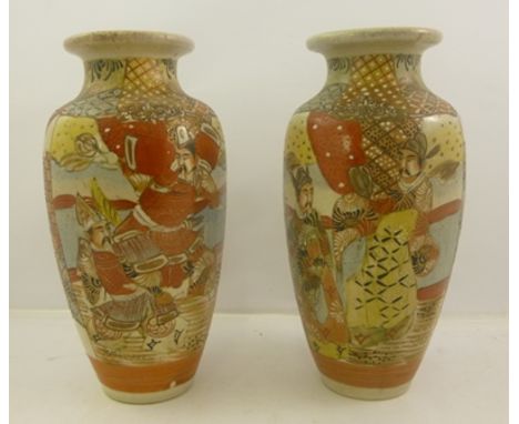 A PAIR OF EARLY 20TH CENTURY JAPANESE EARTHENWARE OVIFORM VASES, decorated with warriors etc., 30cm high, and a SATSUMA TEA S