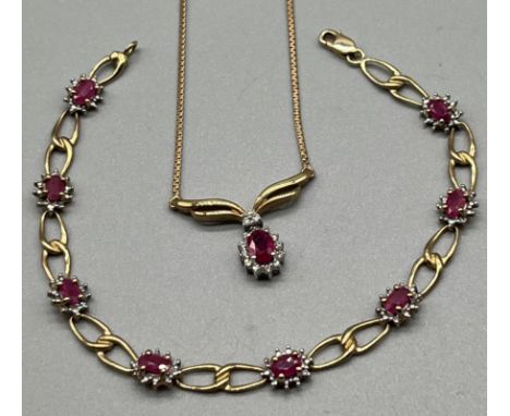 9ct yellow gold, diamond and ruby bracelet together with a matching 9ct yellow gold, diamond and ruby stone pendant, attached