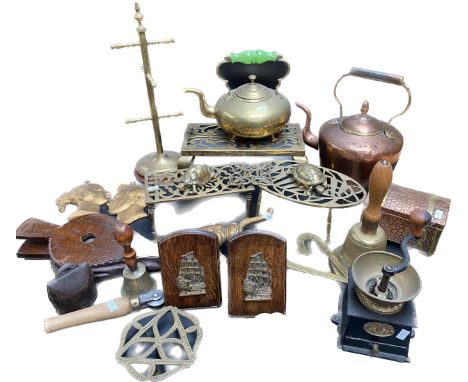 A Large collection of brass &amp; copper wares; brass &amp; copper kettles, brass bound box, coffee grinder and trivet stands