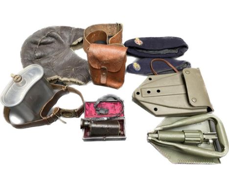 A selection of military items to include German spotting scope by C.P. Goerz Berlin, Swiss army satchel &amp; aviator