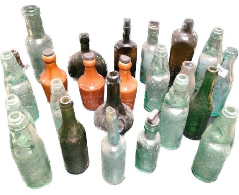 A Large collection of antique glass bottles &amp; stone ware ginger beer bottles; A.G Barr &amp; co ltd old scotch bottles 