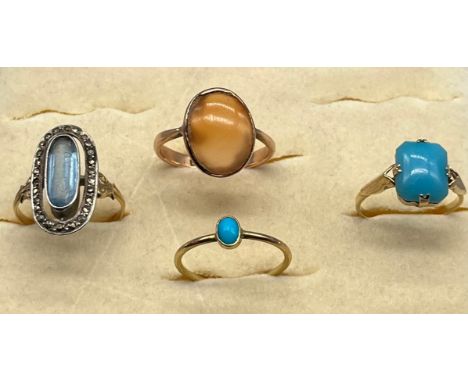 Four various Gold and gem stone rings; 9ct yellow gold and turquoise stone ring, Antique 9ct yellow gold ring set with an aga