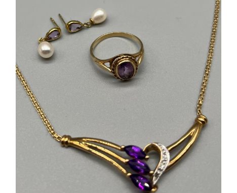 Three 9ct yellow gold and Amethyst stone pieces of jewellery; 9ct yellow gold, amethyst and diamond pendant necklace, 9ct yel