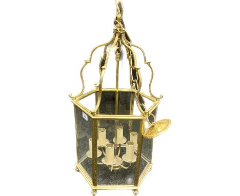 Heavy brass and glass porch/ hall way bird cage lantern/ ceiling light. [65cm high] 