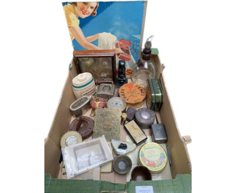 A large collection of interesting items; novelty banks and Bakelite pen holder, advertising cardboard sign, snuff box and man