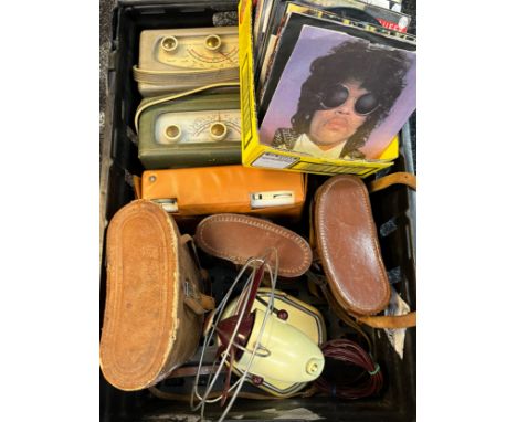 Collection of odds; Pifco vintage table top fan, various records, Radios and binoculars. 