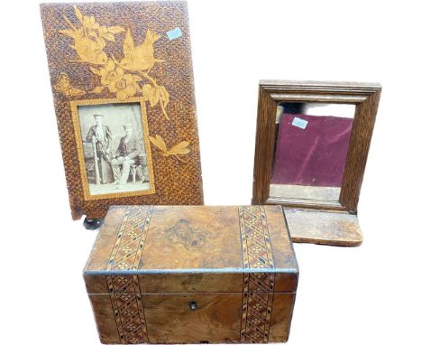 An antique poker work bird scene photo frame, Edwardian double section tea caddy along with a small antique shaving mirror 