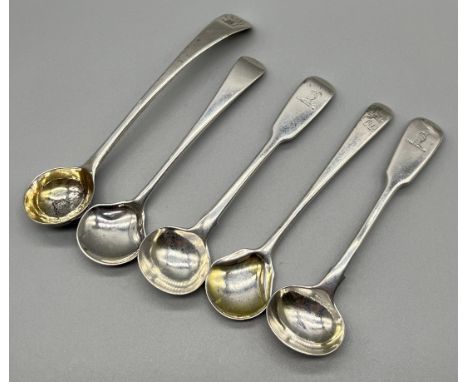 Five various silver condiment ladles; pair of Georgian London silver ladles- William Eaton, Two Georgian silver condiment spo