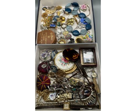 Two boxes of mixed jewellery; Vintage ladies watches- Biela and Timex, Ronson W213 Whirlwind lighter with box, Compact, Brooc