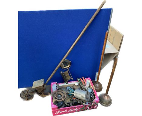 A collection of antique tools; antique oil cans, copper plunger &amp; bangour asylum lawn seeder 