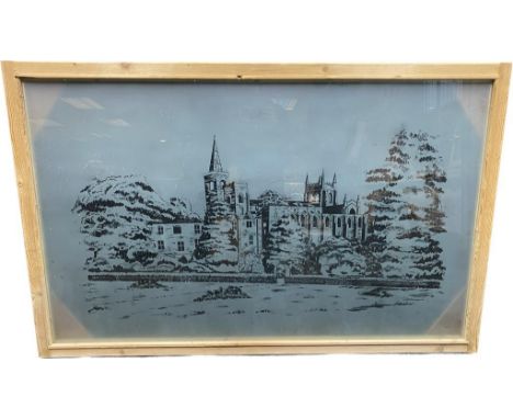 Large glass panel depicting Dunfermline Abbey by Julie Ross Glass Design with original paperwork. [192x133] 