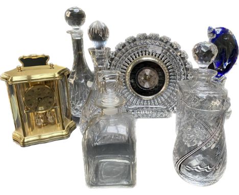 A collection of crystal ware; Hoya corporation glass clock, Caithness vase &amp; crystal decanters 