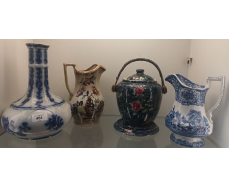 A Lot of various porcelain wares to include tea caddy with stand, Jeddo oriental style water jug, Blue and white Chinese vase